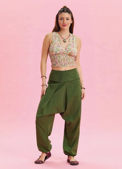 Khaki Bohemian Harem Pants with Belt Detail and Pockets 6787