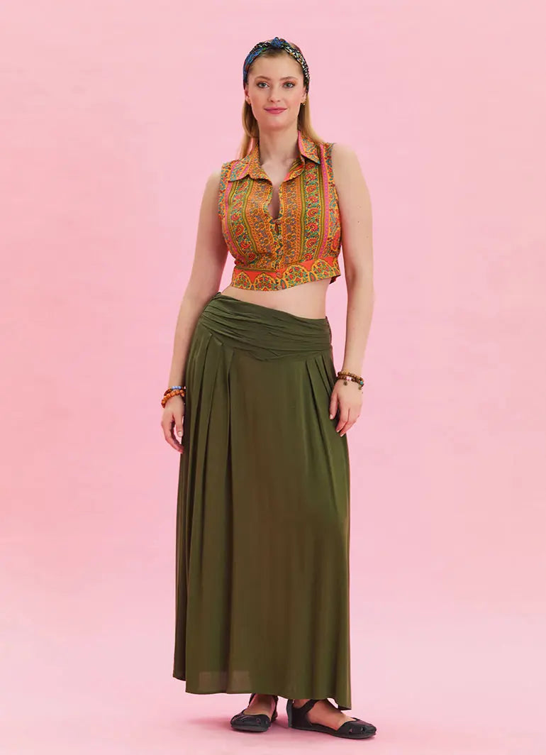 Beli Lastikli Drape Detaylı Haki Bohem Etek 6813