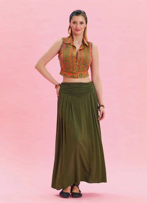 Beli Lastikli Drape Detaylı Haki Bohem Etek 6813