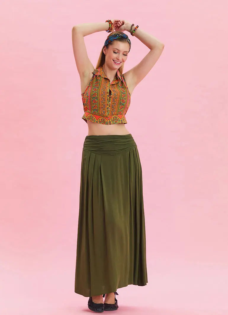 Beli Lastikli Drape Detaylı Haki Bohem Etek 6813