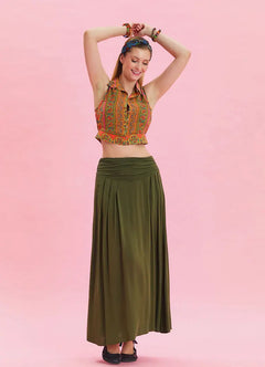 Elastic Waist Draped Detail Khaki Bohemian Skirt 6813