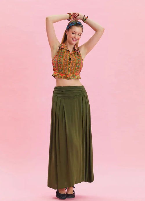 Beli Lastikli Drape Detaylı Haki Bohem Etek 6813