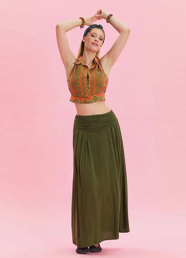 Beli Lastikli Drape Detaylı Haki Bohem Etek 6813