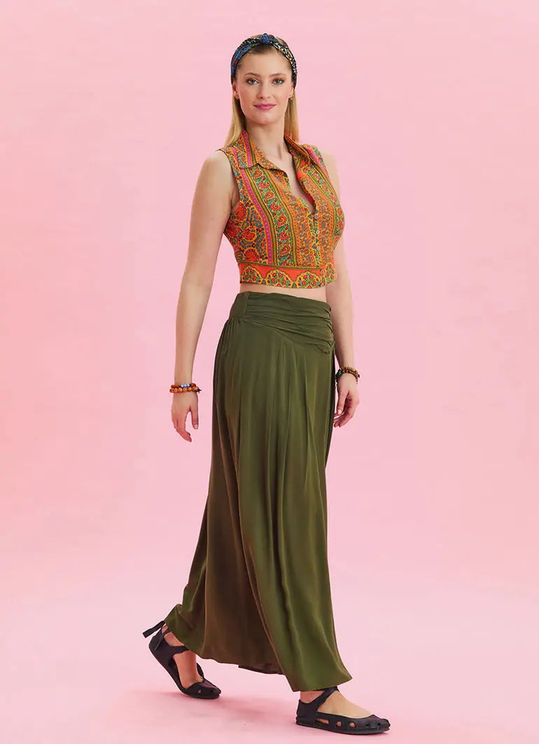 Beli Lastikli Drape Detaylı Haki Bohem Etek 6813