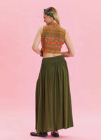 Beli Lastikli Drape Detaylı Haki Bohem Etek 6813