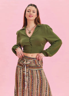 Shirt Collar Button Detail Khaki Bohemian Blouse 6751