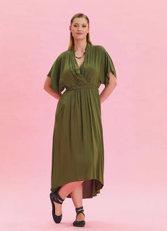 V-Neck Ruched Detail Khaki Casual Dress 6850