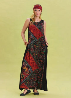 Crew Neck Pocket Detailed Patterned Black Ethnic Dress 6826