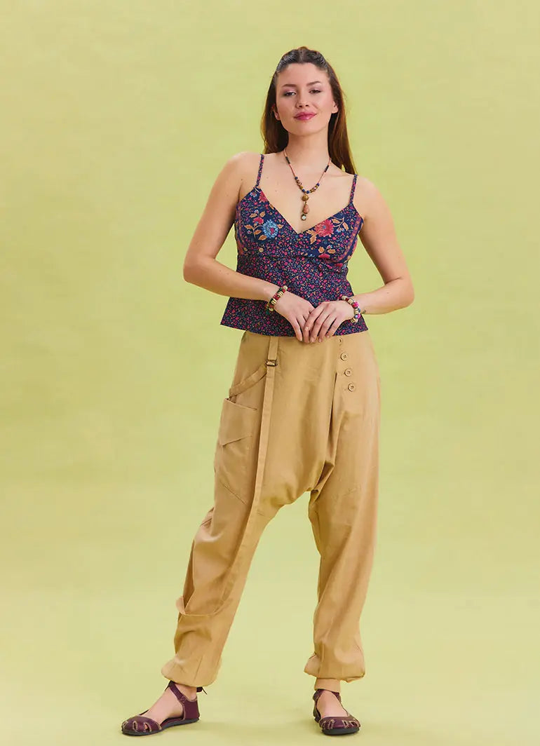 İp Detaylı Düğmeli Beli Lastikli Camel Bohem Pantolon 6878