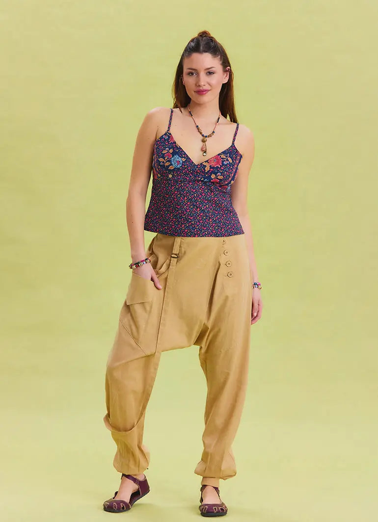 İp Detaylı Düğmeli Beli Lastikli Camel Bohem Pantolon 6878