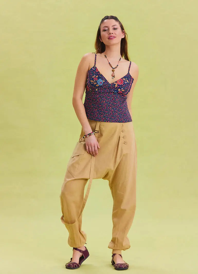 İp Detaylı Düğmeli Beli Lastikli Camel Bohem Pantolon 6878