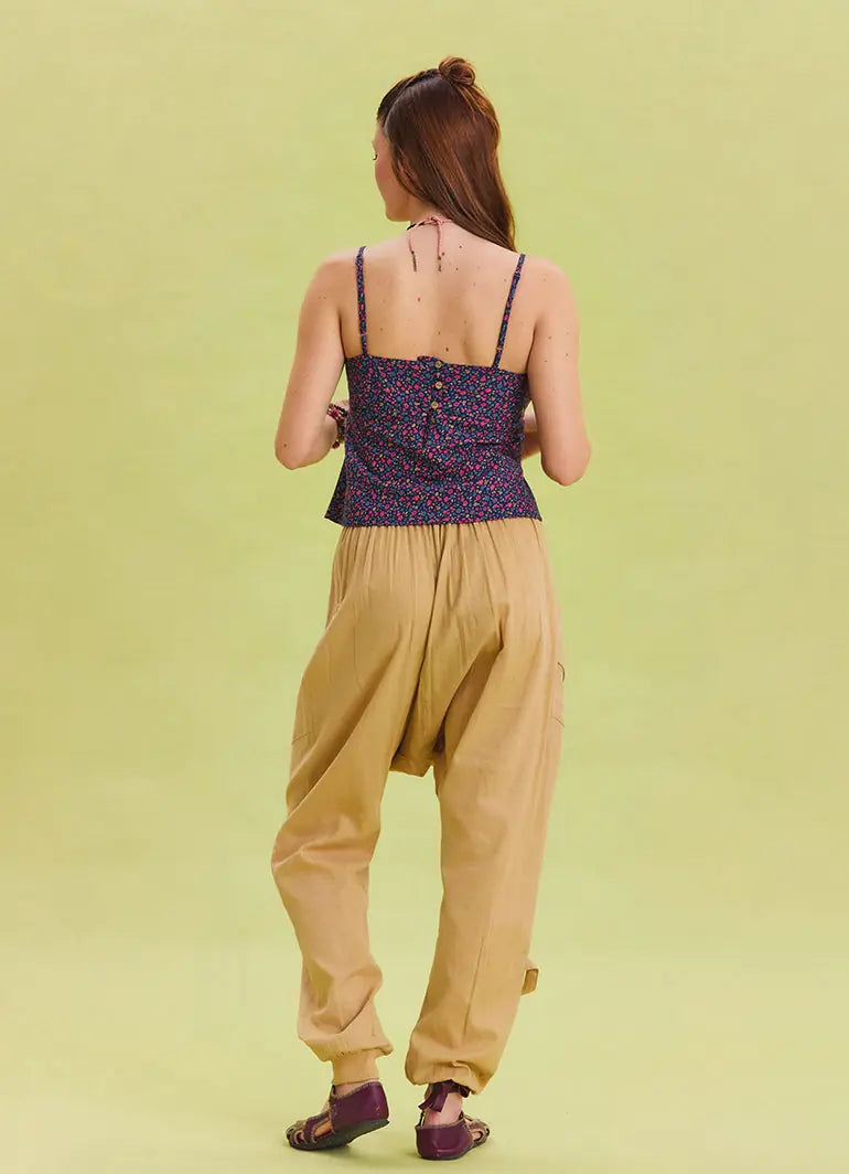 İp Detaylı Düğmeli Beli Lastikli Camel Bohem Pantolon 6878