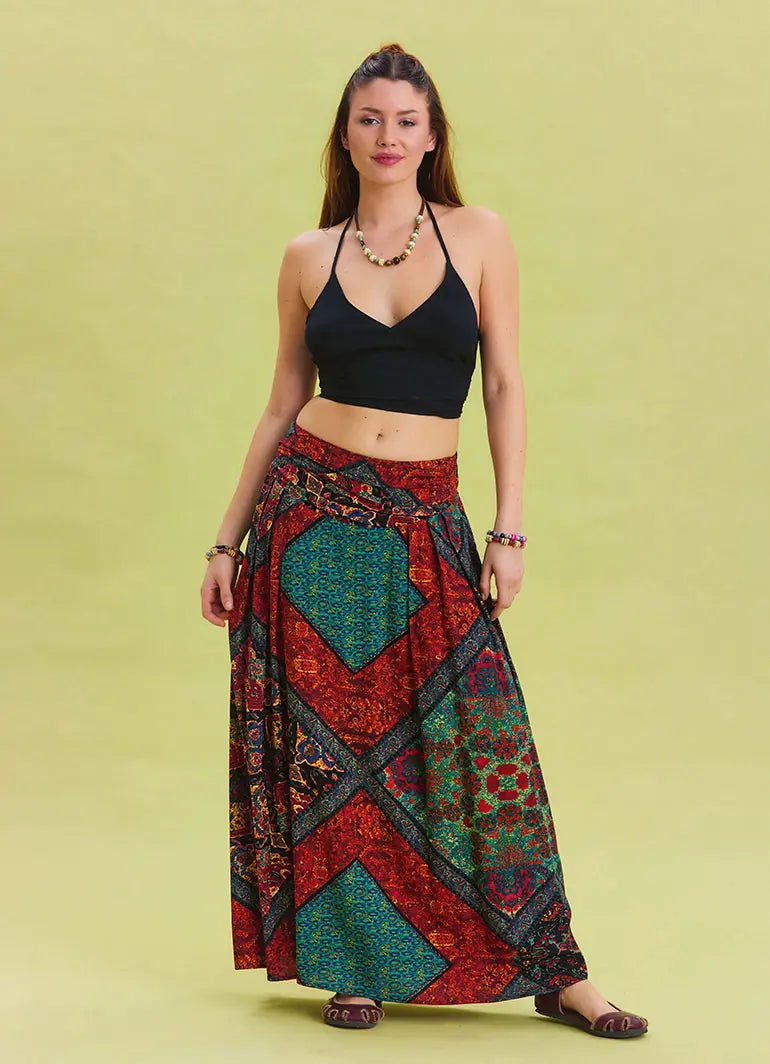 Beli Lastikli Drape Detaylı Desenli Siyah Otantik Etek 6814