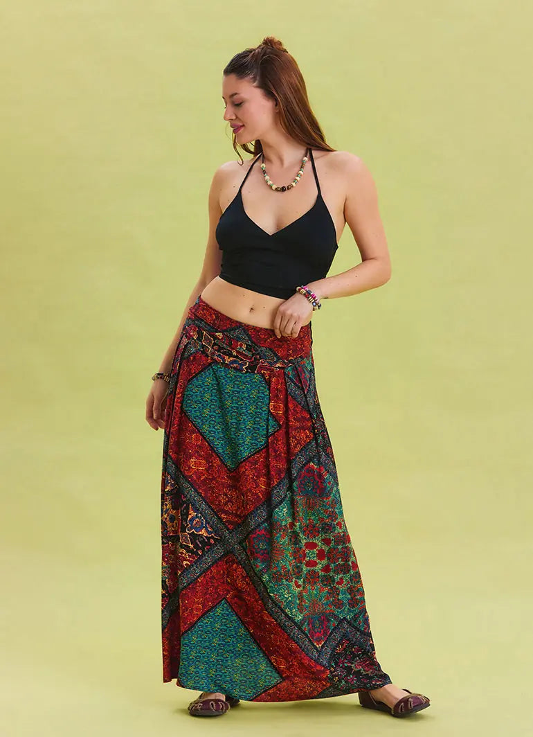 Beli Lastikli Drape Detaylı Desenli Siyah Otantik Etek 6814