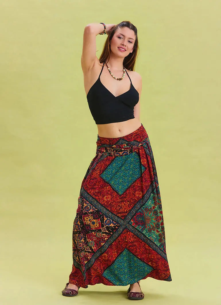 Beli Lastikli Drape Detaylı Desenli Siyah Otantik Etek 6814