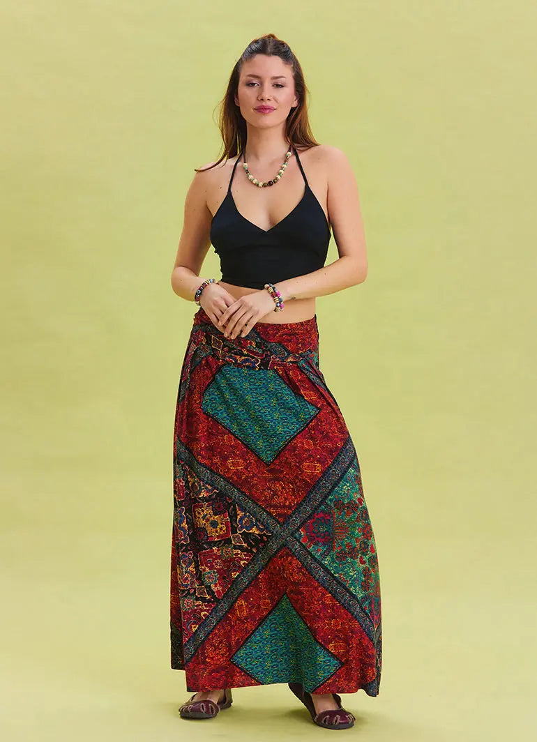 Beli Lastikli Drape Detaylı Desenli Siyah Otantik Etek 6814