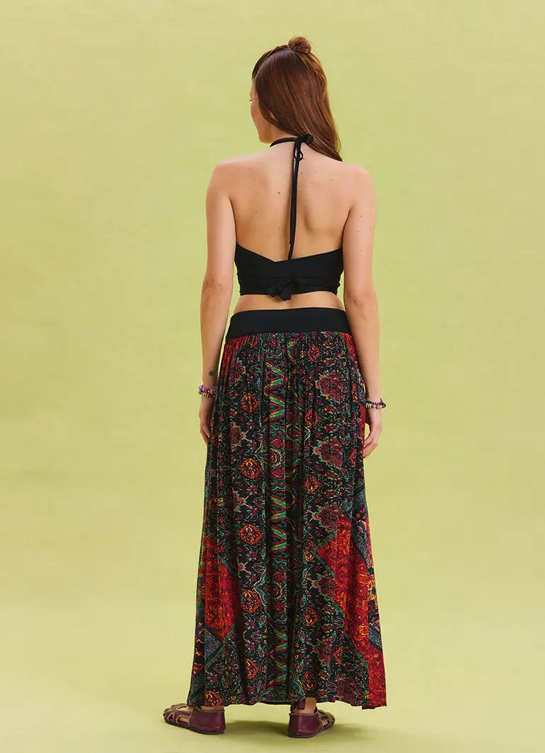 Beli Lastikli Drape Detaylı Desenli Siyah Otantik Etek 6814