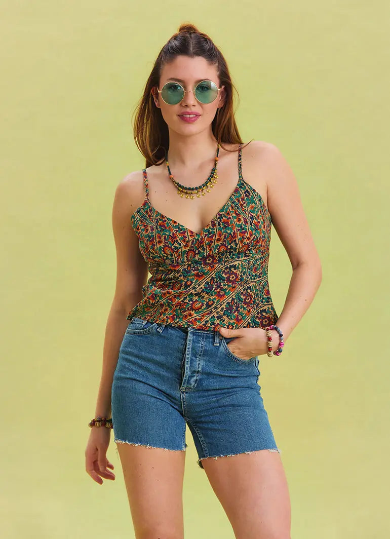 Çiçek Desenli İnce Askılı Ayarlanabilir Yeşil Crop Bluz 6757