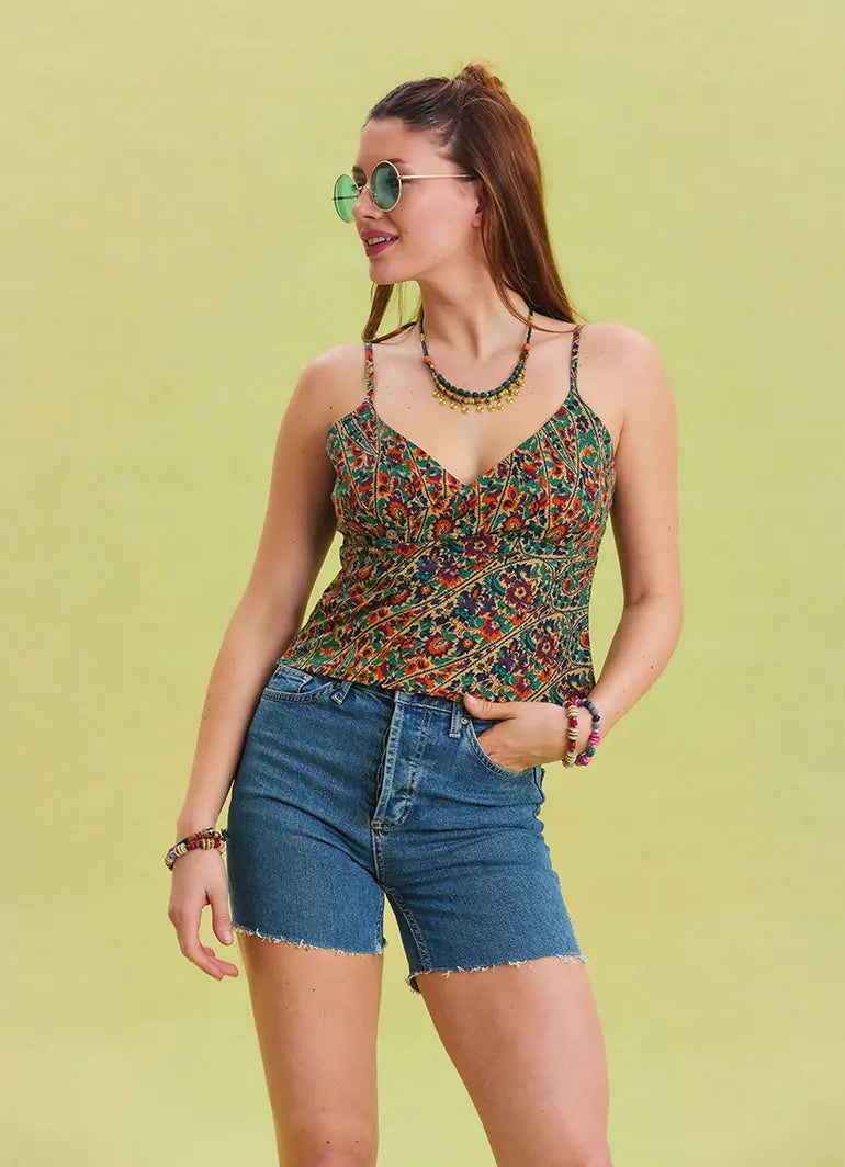 Çiçek Desenli İnce Askılı Ayarlanabilir Yeşil Crop Bluz 6757