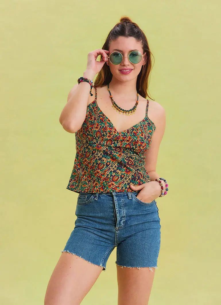 Çiçek Desenli İnce Askılı Ayarlanabilir Yeşil Crop Bluz 6757