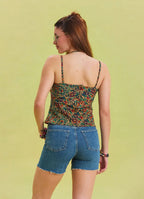 Çiçek Desenli İnce Askılı Ayarlanabilir Yeşil Crop Bluz 6757
