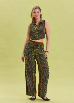 Elastic Waist Belt Detail Authentic Green Trousers 6892
