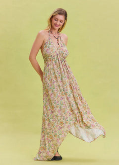 V-Neck Backless Halter Neck Beige Floral Dress 6974