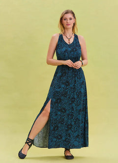V-Neck Slit Indigo Bohemian Dress 6964