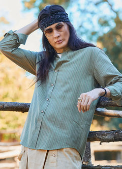 Relaxed Fit Button-Down Long Sleeve Khaki Striped Men's Shirt 6556