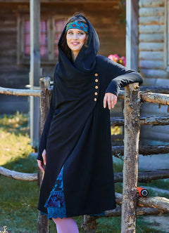 Black Bohemian Hooded Cardigan with Thumbhole Button Detail 7019