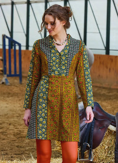 Mandarin Collar Button Detailed Tie-Front Green Floral Dress 7052