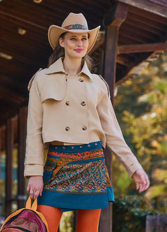 Snap-Button Pocket Patchwork Wrap Petrol Floral Skirt 7007