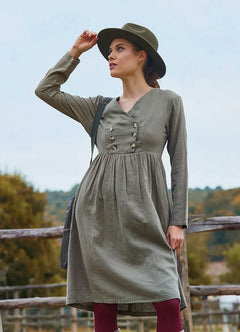 V-Neck Button Detailed Zipper Closure Khaki Winter Dress 7067