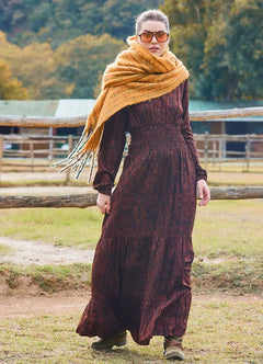V-Neck Shirred Detail Ruffled Brown Winter Dress 7026