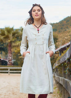 V-Neck Button Detail Zipper Closure Cream Winter Dress 7064