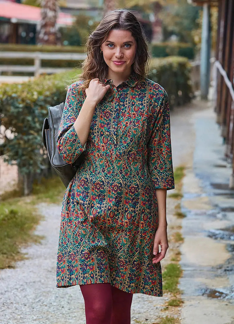Gömlek Yaka Düğme Detaylı Yeşil Çiçekli Uzun Kollu Elbise 7023
