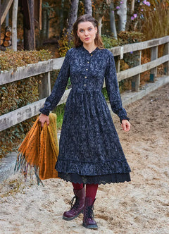 Button-Detail Lace Anthracite Long-Sleeve Dress 7061