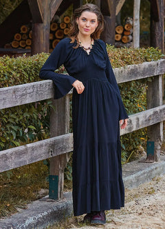 Black Winter Dress with Elastic Collar and Spanish Sleeves 7045
