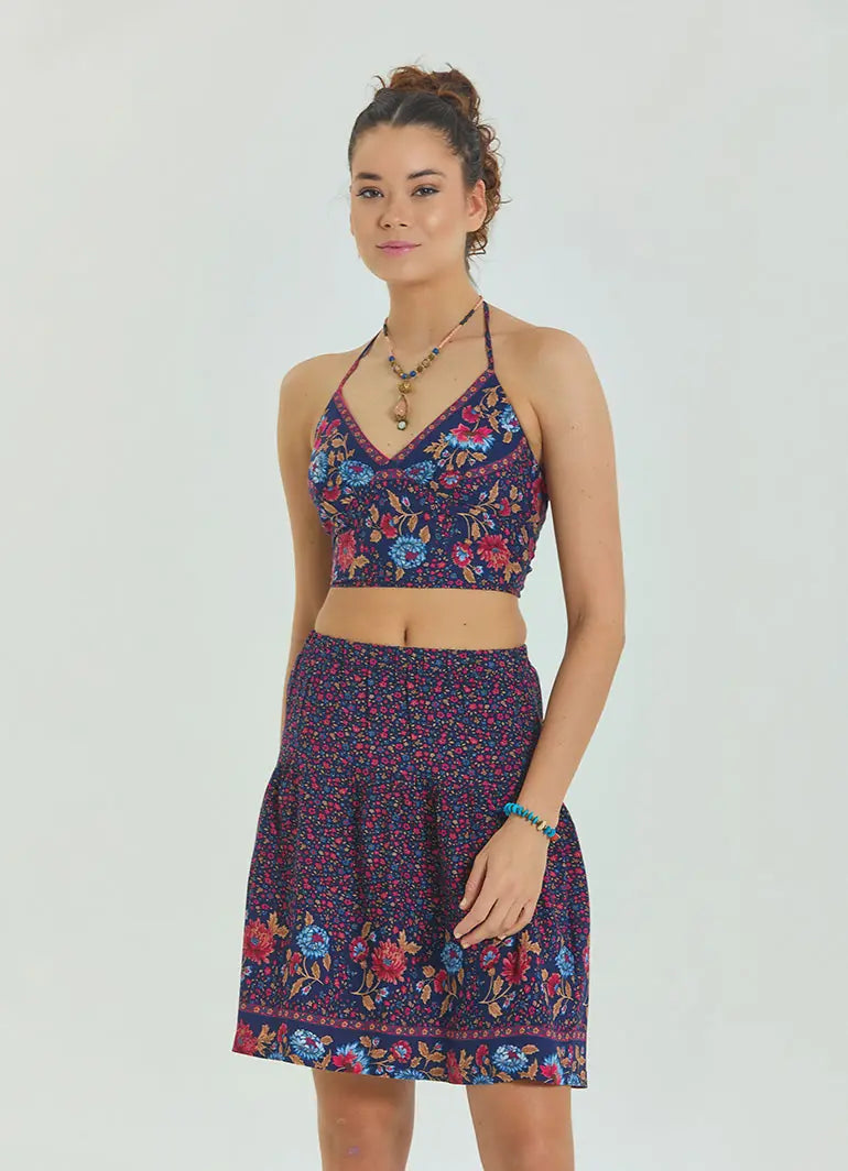 Boyundan Bağlamalı Sırtı Açık Pembe Çiçekli Crop Bluz 6926