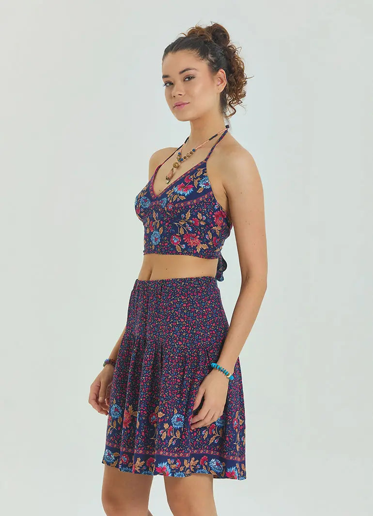 Boyundan Bağlamalı Sırtı Açık Pembe Çiçekli Crop Bluz 6926