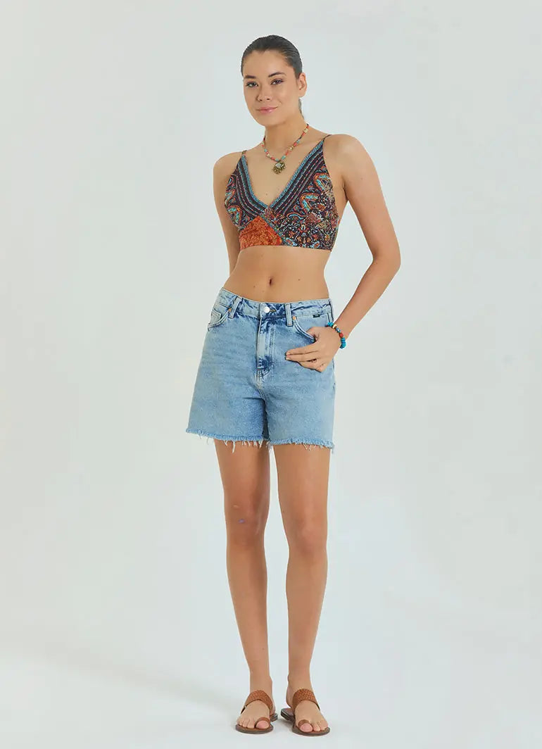 Bağcıklı Sırtı Açık Ayarlanabilir Kahve Crop Bluz 6971