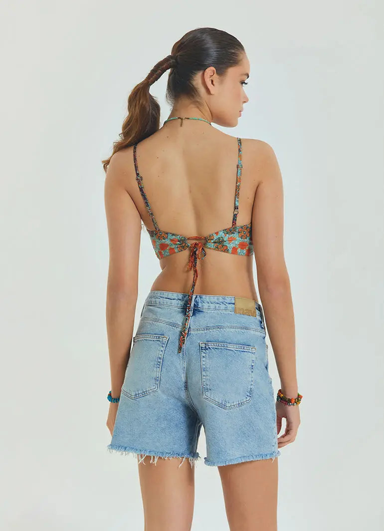 Bağcıklı Sırtı Açık Ayarlanabilir Kahve Crop Bluz 6971