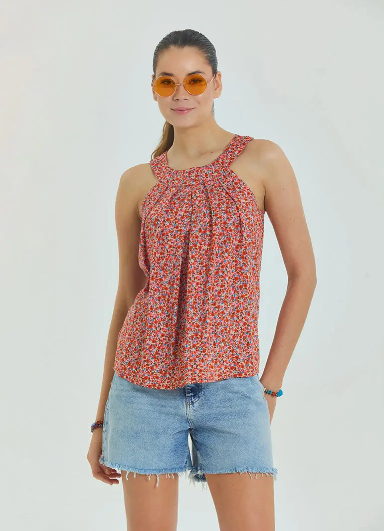 Halter Yaka Düğme Detaylı Pileli Pembe Çiçekli Bluz 6991