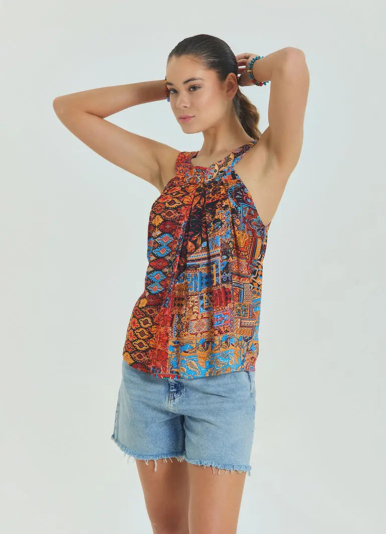 Halter Yaka Düğme Detaylı Pileli Turuncu Otantik Bluz 6993