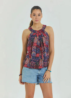 Halter Neck Button Detail Pleated Red Ethnic Blouse 6994