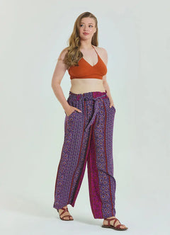 Elastic Waist Sash Detail Plus Size Women's Purple Trousers 6928
