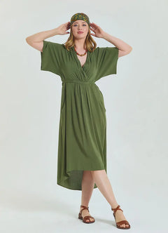 V-Neck Ruched Detail Khaki Plus Size Dress 6943