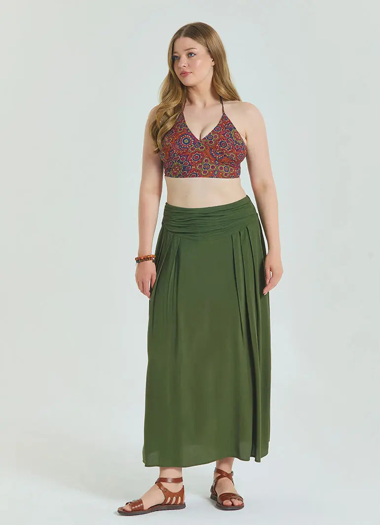 Beli Lastikli Drape Detaylı Haki Büyük Beden Etek 6921