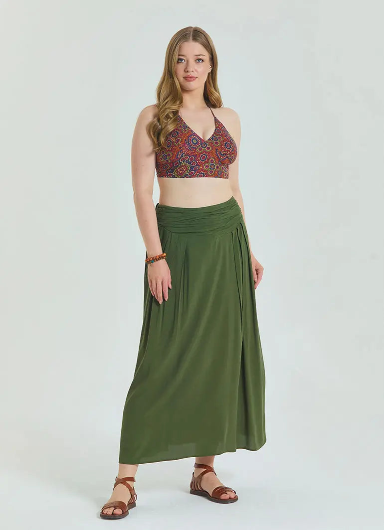 Beli Lastikli Drape Detaylı Haki Büyük Beden Etek 6921