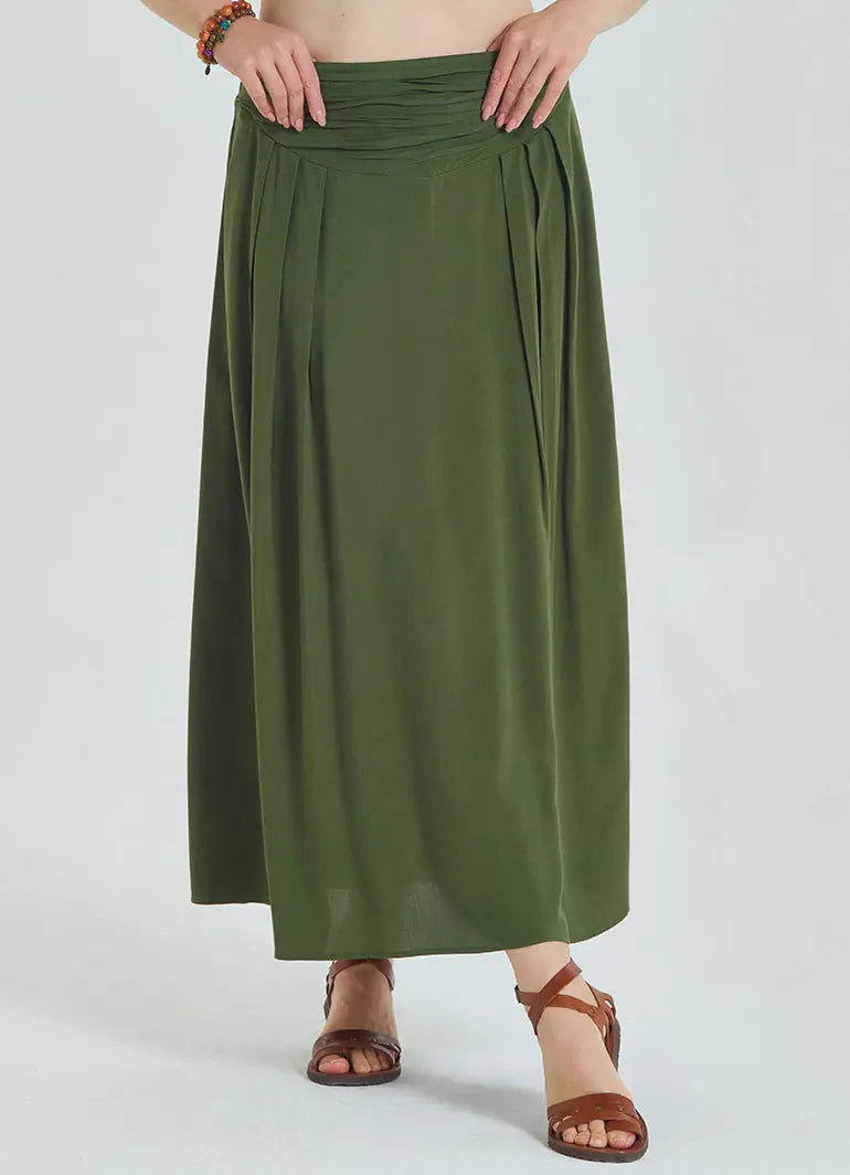 Beli Lastikli Drape Detaylı Haki Büyük Beden Etek 6921